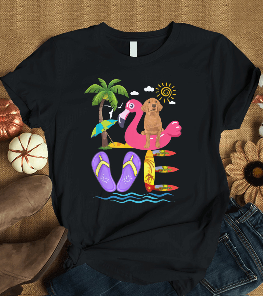 Golden Retriever Loves Summer Flamingo Flip Flops Palm Tree Surfboards T-Shirt