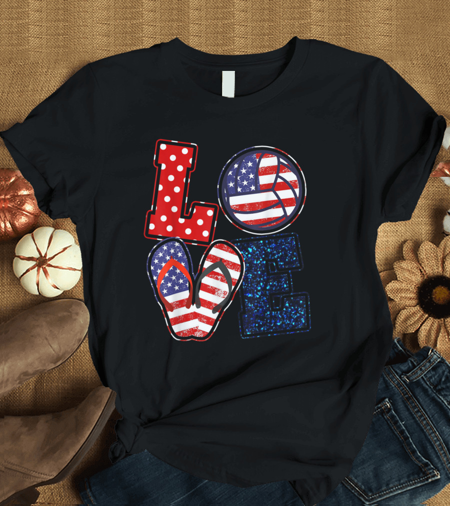 Love Volleyball USA Flag Flip Flops 4th of July T-Shirt