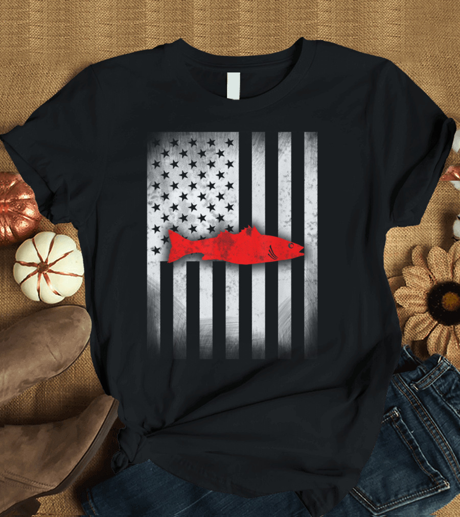 Red Mullet Fish on Grayscale US Flag T-Shirt