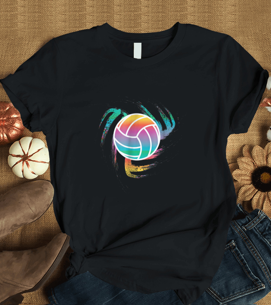 Multicolored Spiral Volleyball Graphic with Dynamic Swirl T-Shirt