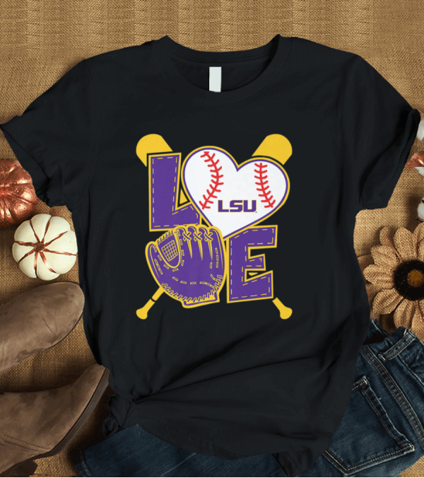 T-Shirt: LSU Tigers Heart Baseball Purple Gold Love Glove Bats T-Shirt LSU Tigers Heart Baseball Purple Gold Love Glove Bats T-Shirt