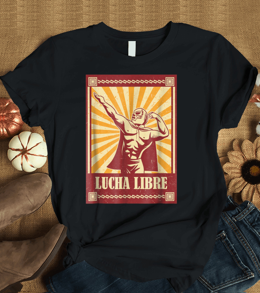 Lucha Libre Mexican Wrestling Fanatic Retro Sunburst Masked Wrestler T-Shirt