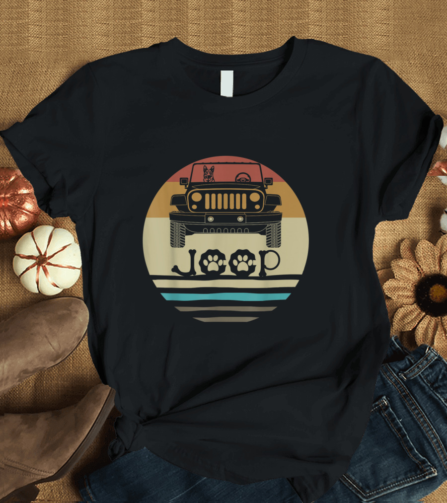 Retro Vintage German Shepherd Dog in Jeep with Paw Print T-Shirt