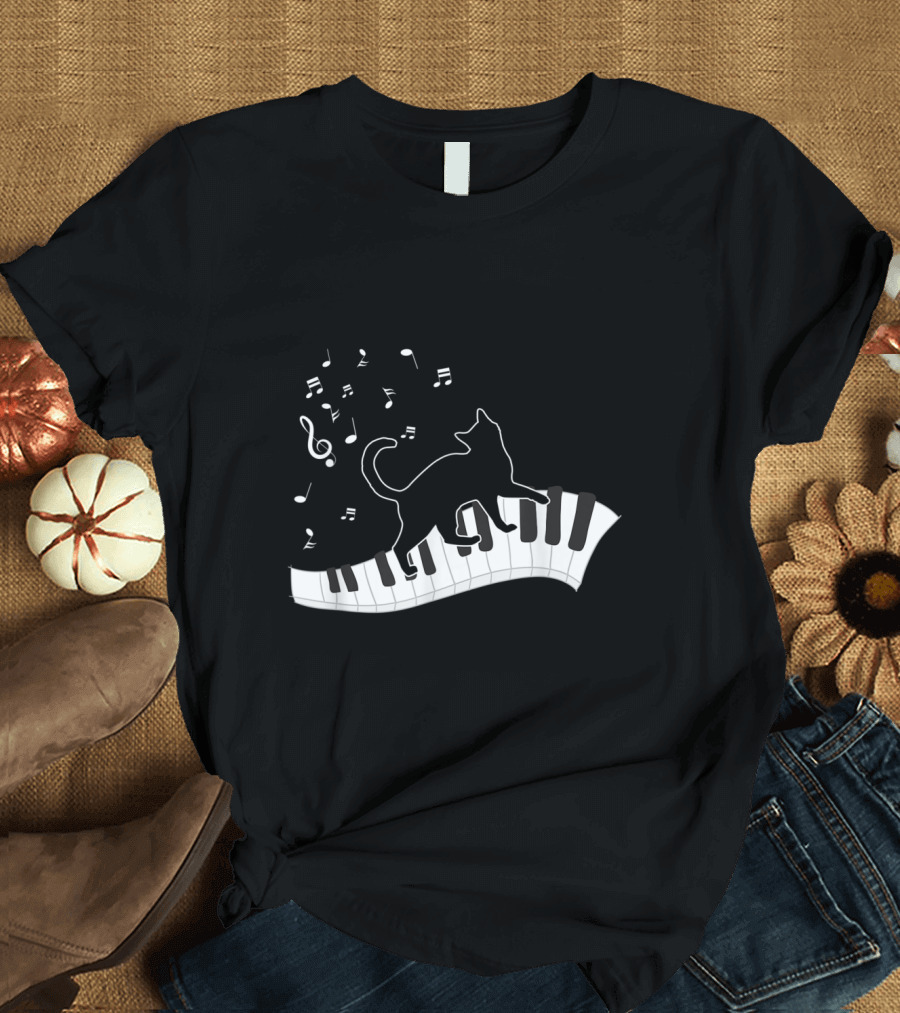 Musical Cat Stepping on Piano Keys with Floating Notes for Music Teacher T-Shirt