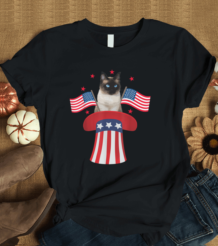 Siamese Cat in Magic Hat with American Flags Fourth of July T-Shirt