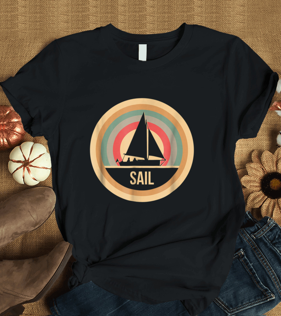 Retro Vintage Sailboat with Rainbow Circle for Sailing Enthusiasts T-Shirt