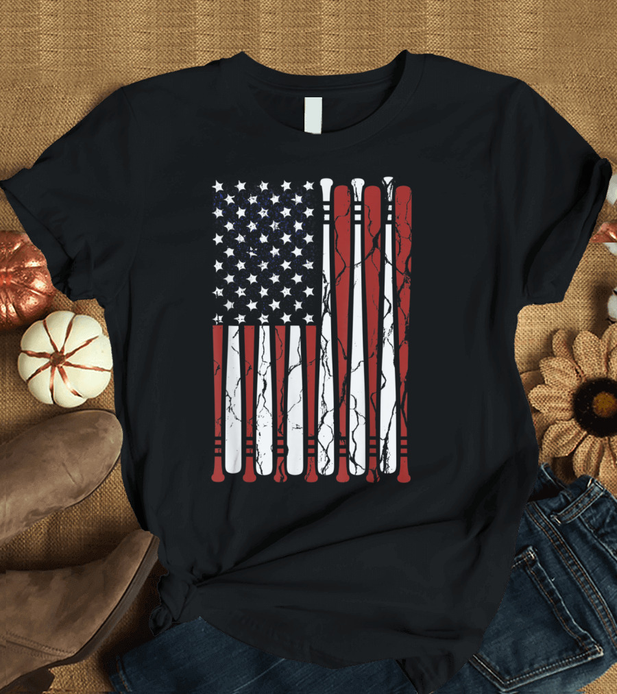 Vintage American Flag Baseball Bats Patriotic Men Boy T-Shirt