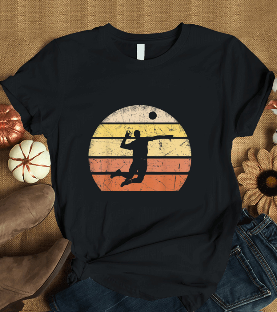 Retro Volleyball Sunset Silhouette Player Jumping Action T-Shirt