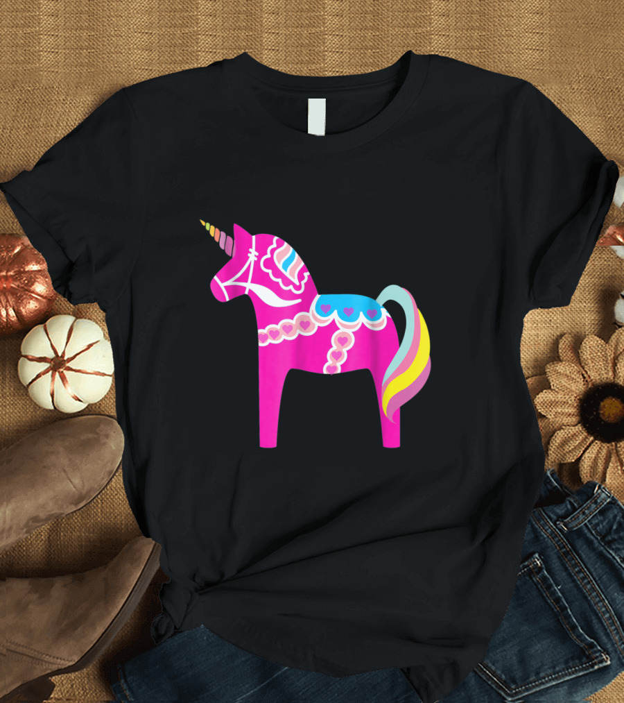 Pink Dala Horse Unicorn with Swedish Folk T-Shirt