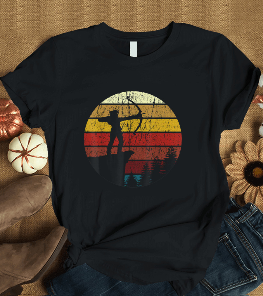 Vintage Archer Sunset Silhouette Stripes with Forest Bowman Scene T-Shirt