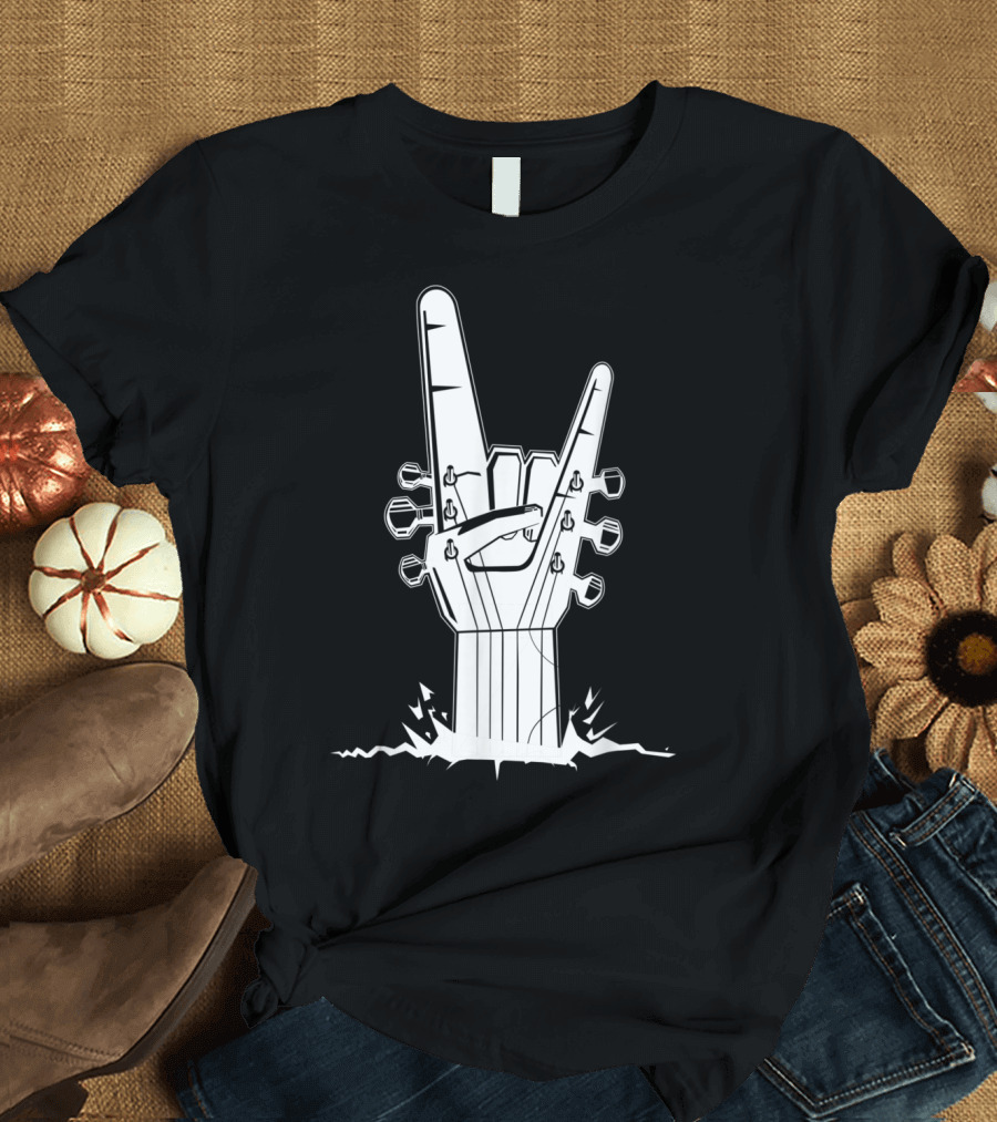 Rock Guitar Hand Gesture with Guitar Headstock T-Shirt