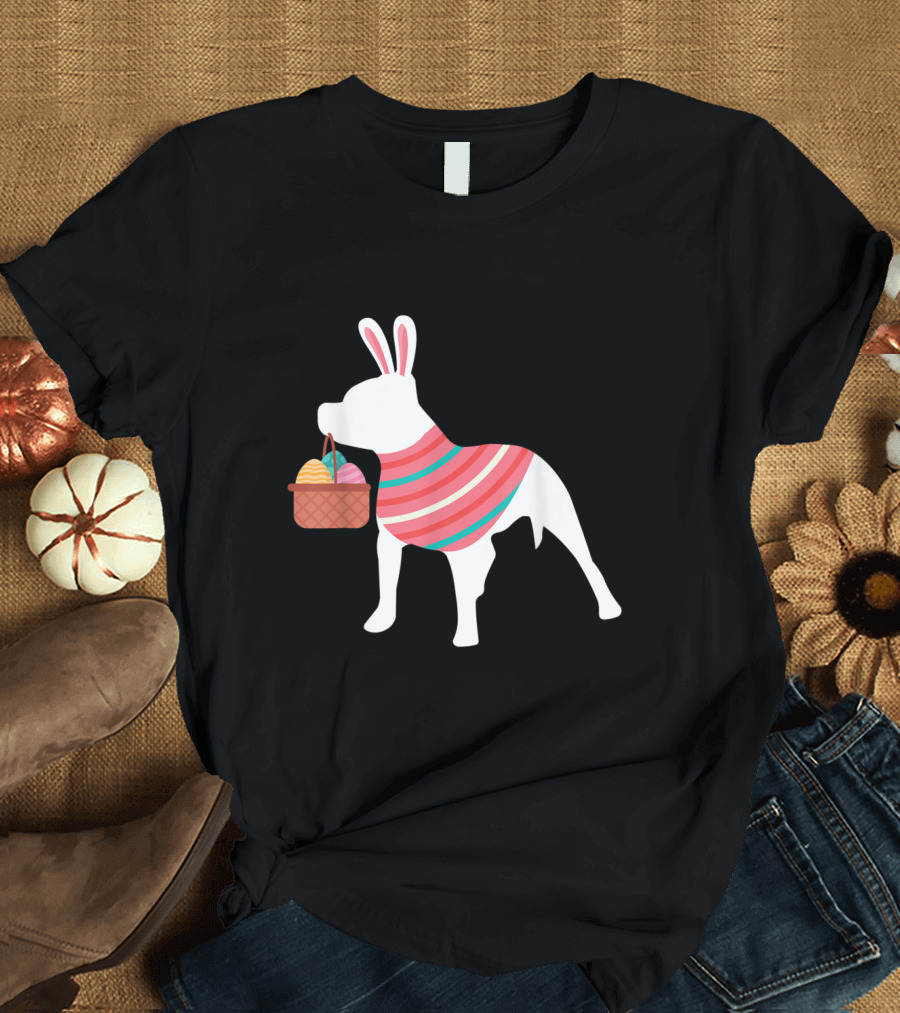 Pitbull Easter Bunny with Egg Basket and Pastel Stripes T-Shirt