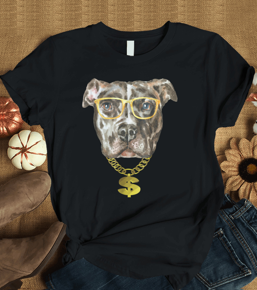 Pitbull with Glasses and Gold Chain Funny Animal Lover T-Shirt
