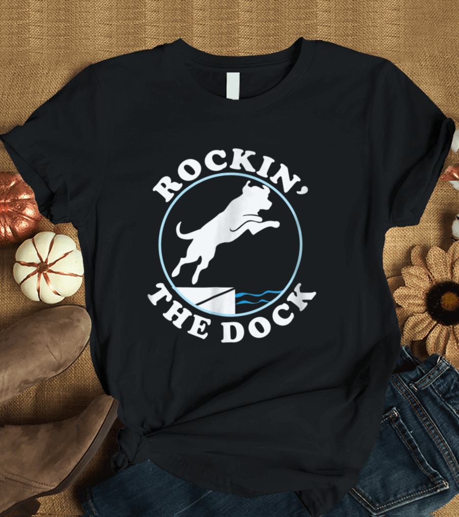 Rockin' the Dock Labrador Retriever Jumping Off Dock with Blue Waves T-Shirt
