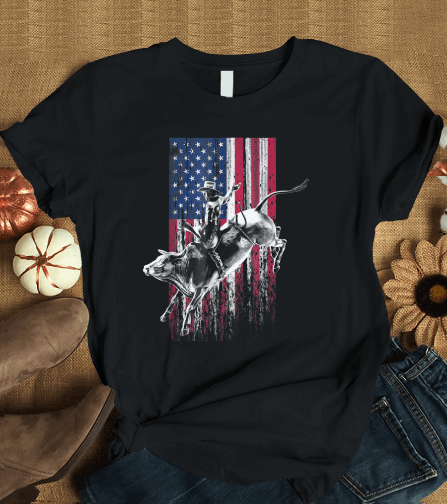 Patriotic Rodeo Bull Rider with American Flag Background T-Shirt
