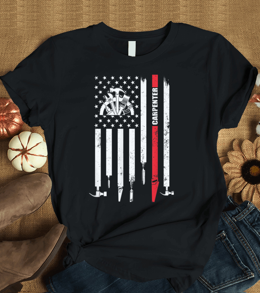 United States Tools Flag with Carpenter and Distressed Hammer T-Shirt