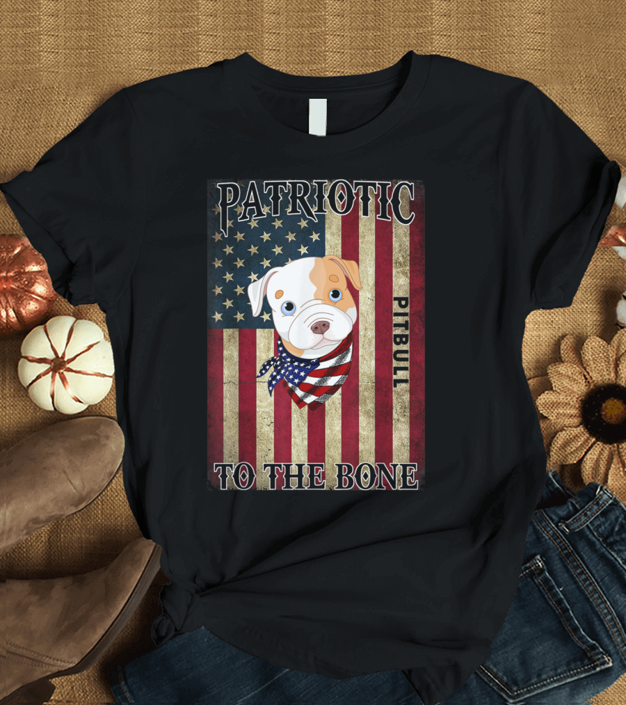 Patriotic Pitbull To the Bone with American Flag Background T-Shirt