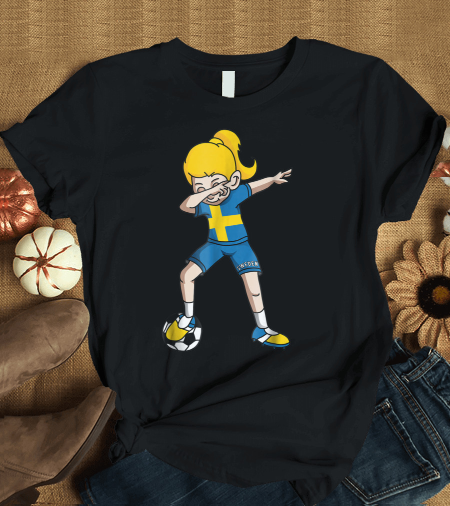 Sweden Flag Dabbing Soccer Girl Fan with Football T-Shirt