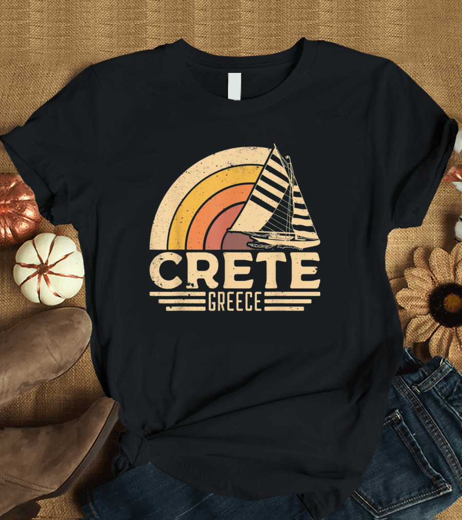 Retro Crete Greece Sailing with Vintage Sunset Stripes T-Shirt