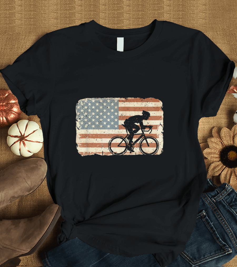 Vintage Cycling Bike American Flag T-Shirt