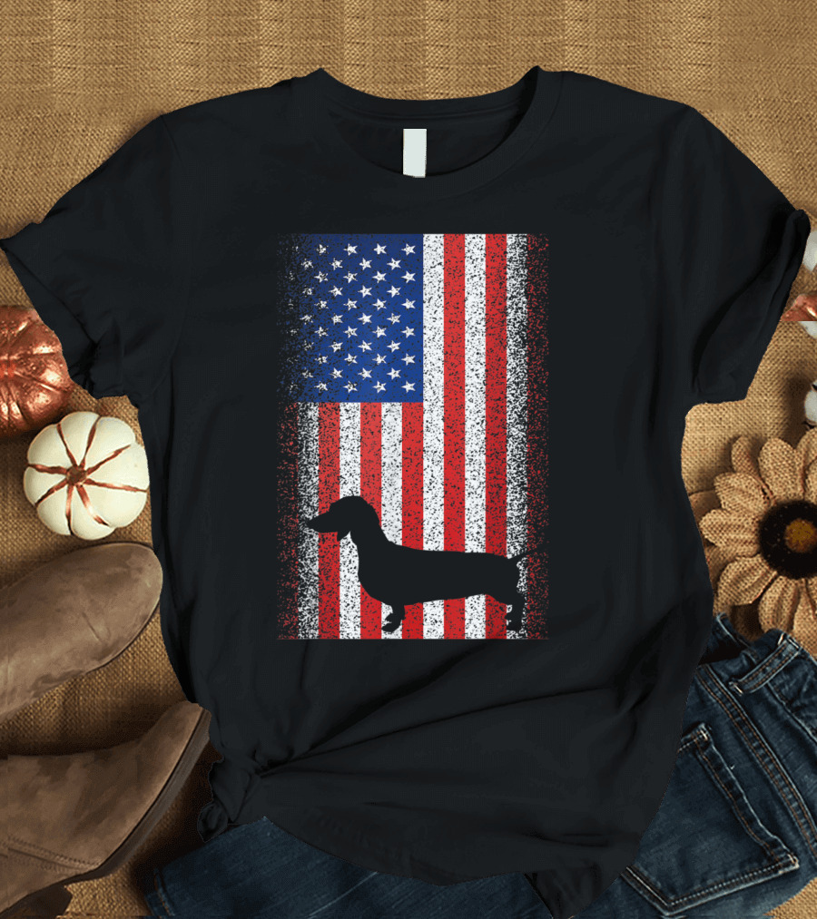 Vintage Dachshund Silhouette Patriotic American Flag T-Shirt