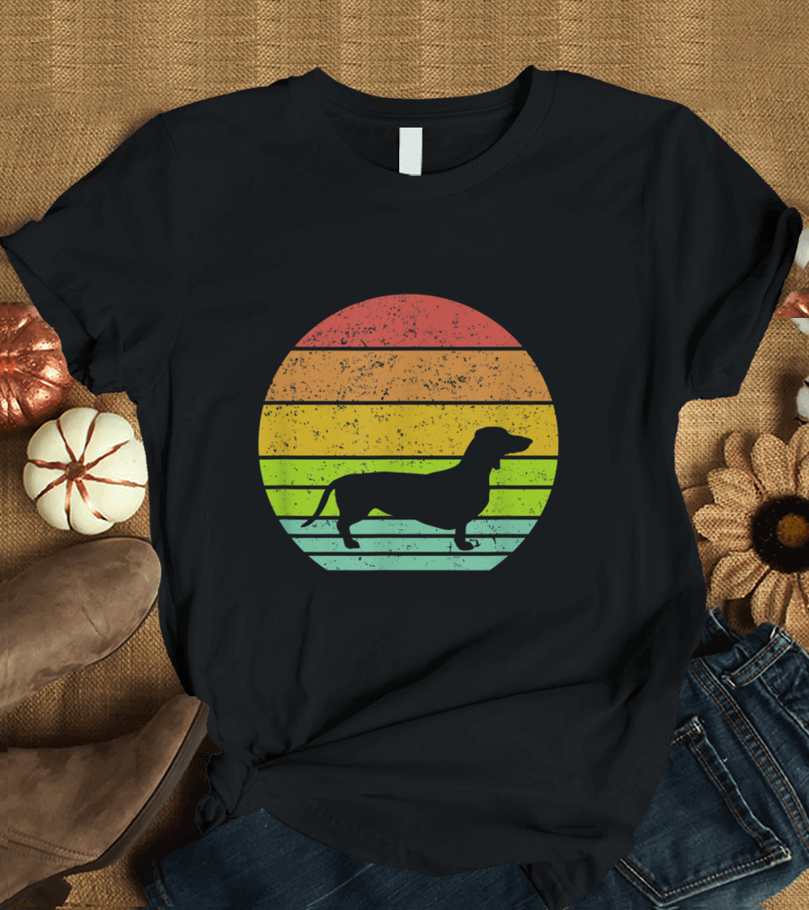 Retro Dachshund Silhouette with Vintage Rainbow Stripes T-Shirt