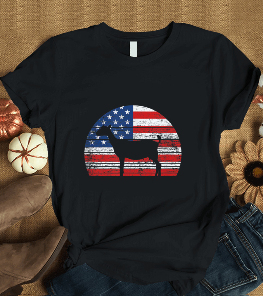 Vintage Goat Silhouette on Distressed American Flag Background T-Shirt