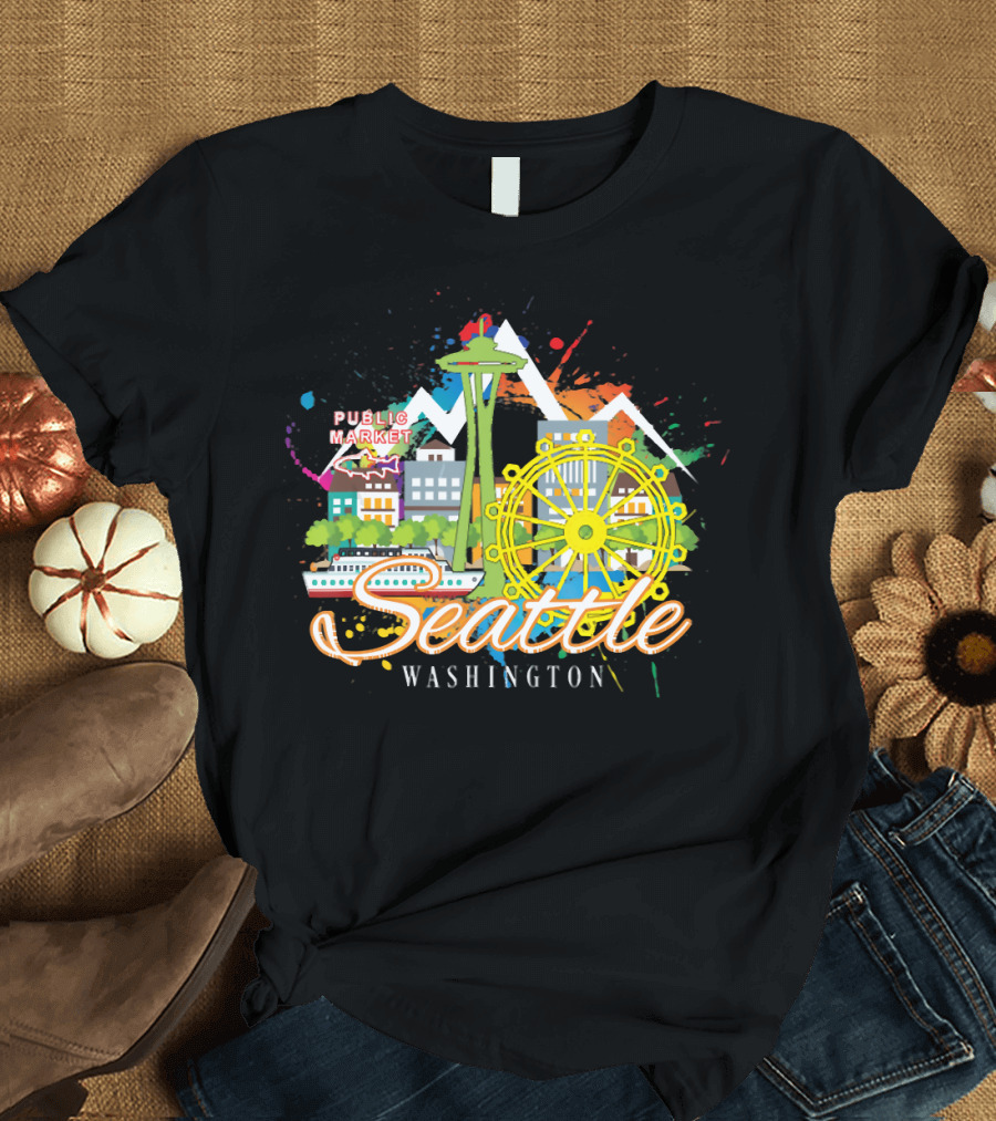 Seattle Washington Skyline Featuring Space Needle and Public Market T-Shirt
