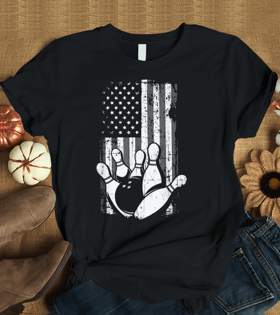 Distressed American Flag with Bowling Pins T-Shirt