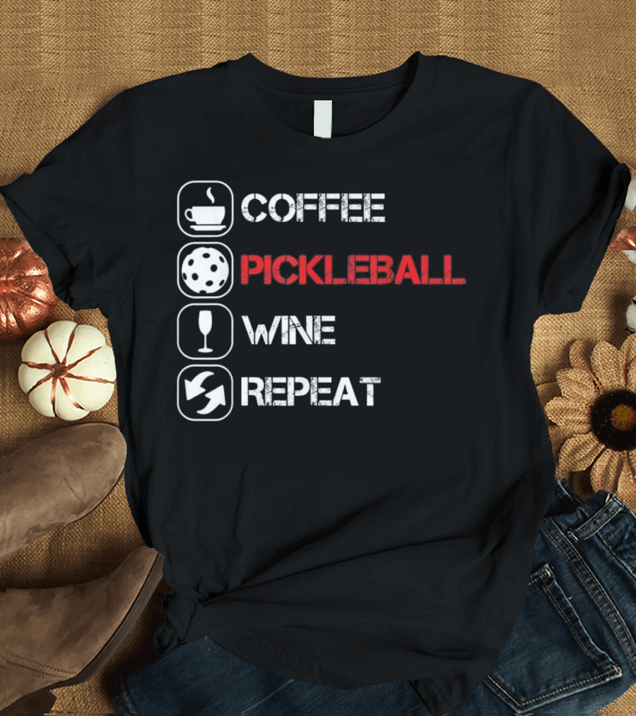Distressed Lifestyle Icons Coffee Pickleball Wine Repeat T-Shirt