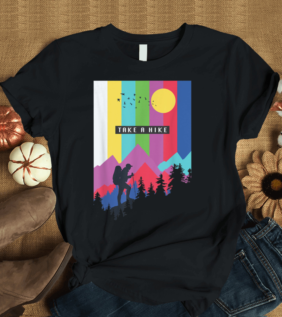 Take A Hike Vintage Hiking Camping Silhouette with Mountains and Sunburst T-Shirt