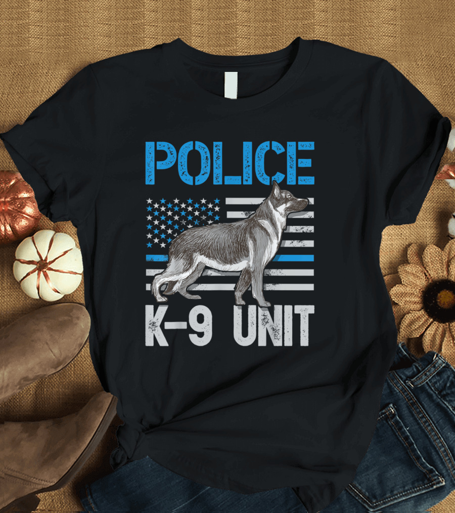 Police K-9 Unit Thin Blue Line American Flag Dog T-Shirt