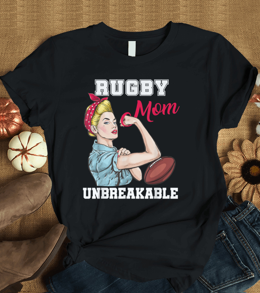 Rugby Mom Unbreakable Strong Woman Flexing with Rugby Ball T-Shirt