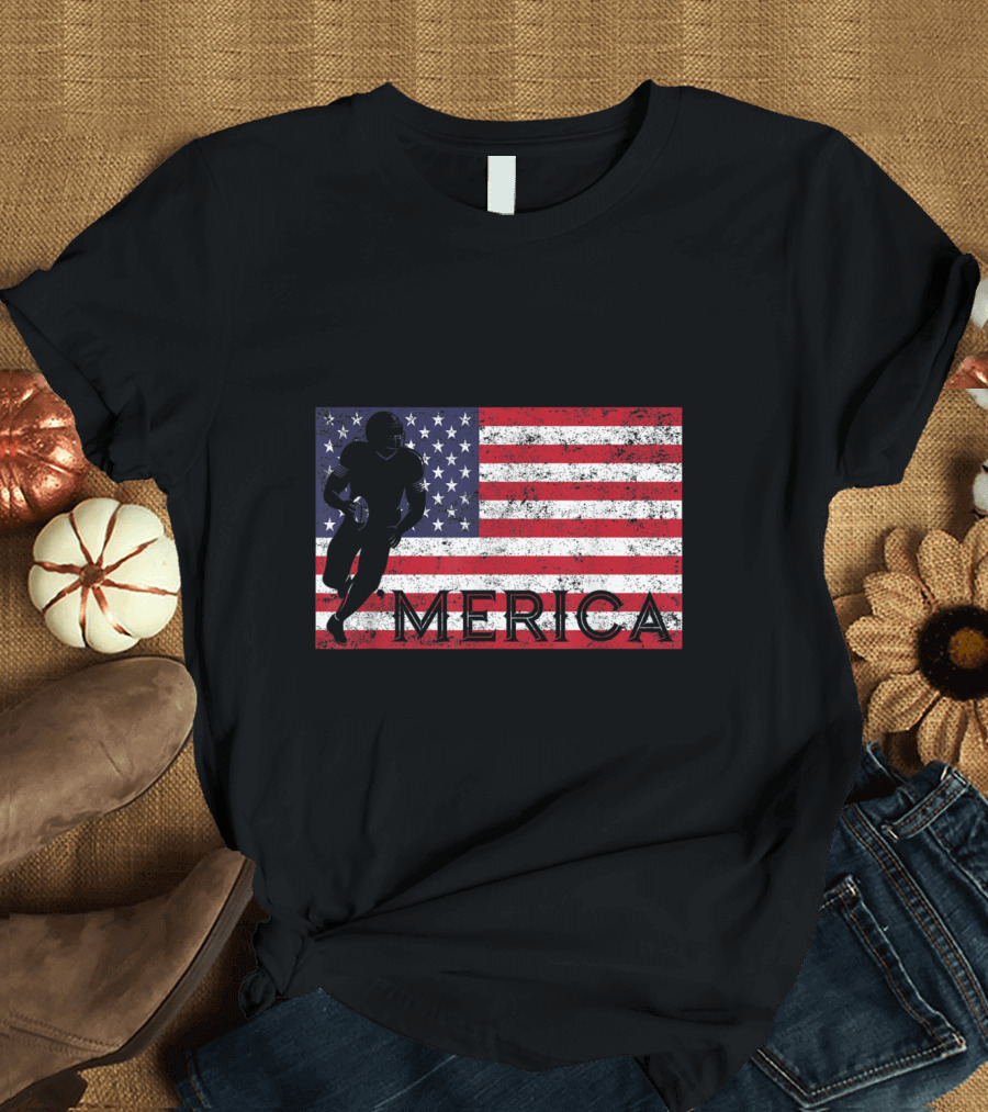 Rugby Player on Grunge American Flag with Merica Text T-Shirt