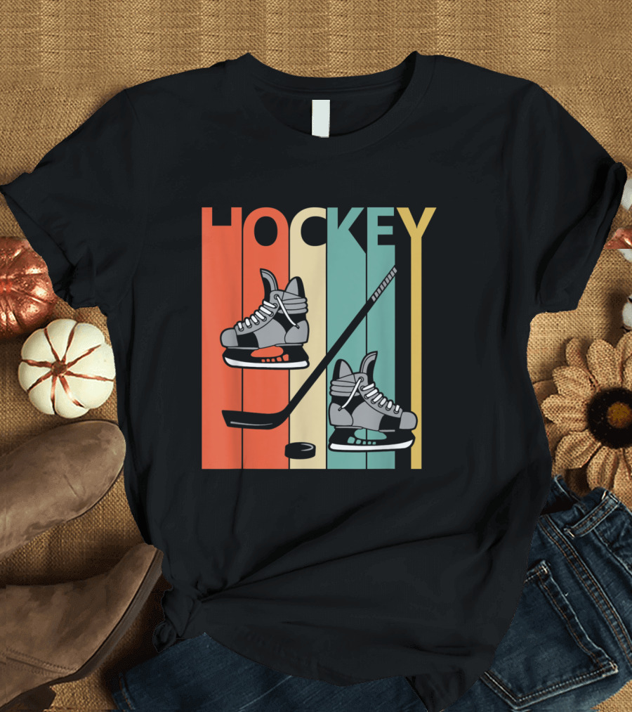 Retro Hockey Ice Skates and Stick Design with Vintage Stripes T-Shirt