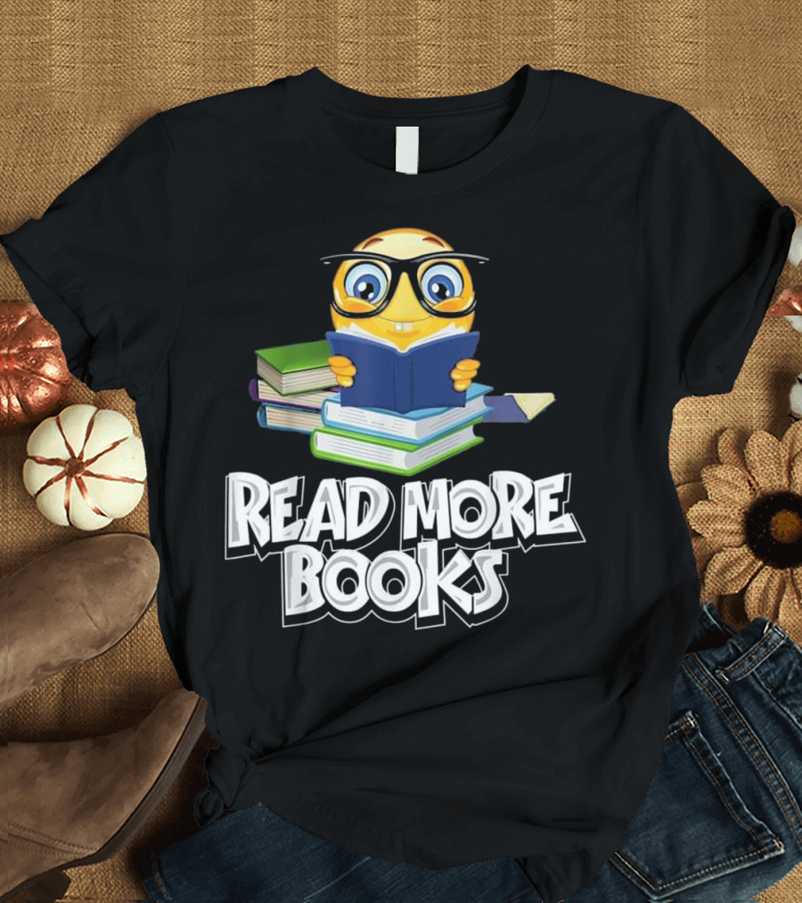Read More Books Funny Cute Reading Emoji with Glasses on Stack of Books T-Shirt