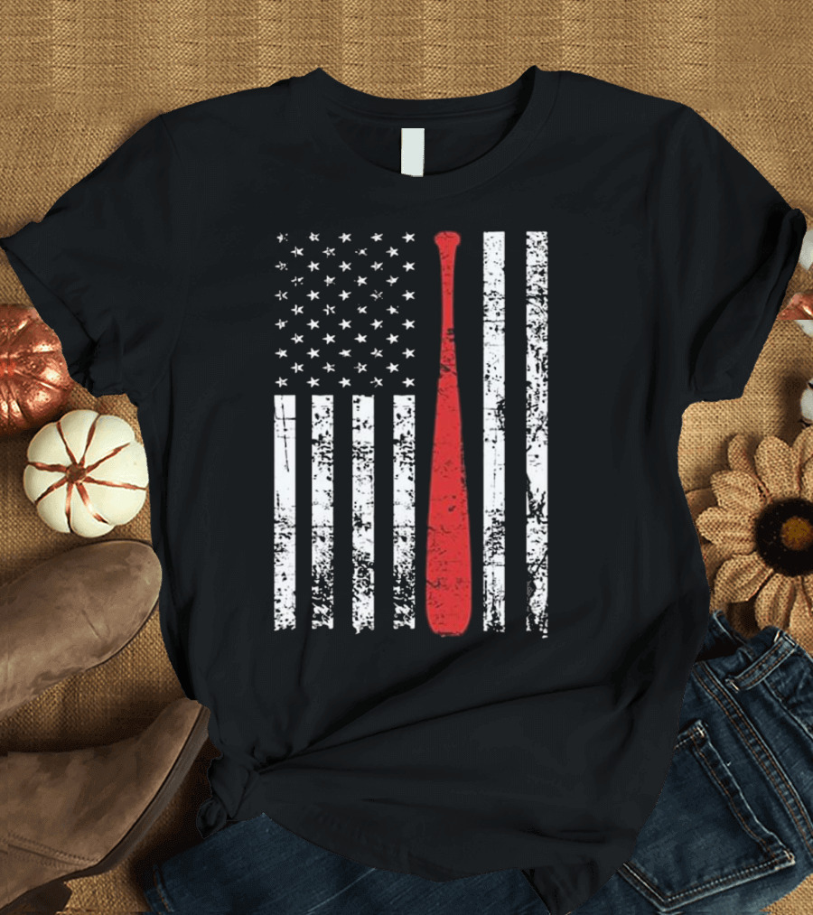 Distressed USA Flag Baseball Bat Design for American Fans T-Shirt