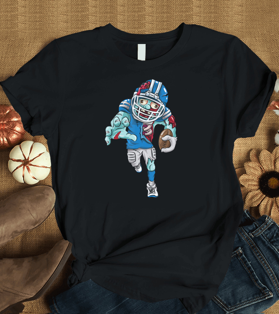 Funny Zombie Playing American Football in Blue Helmet and Jersey T-Shirt