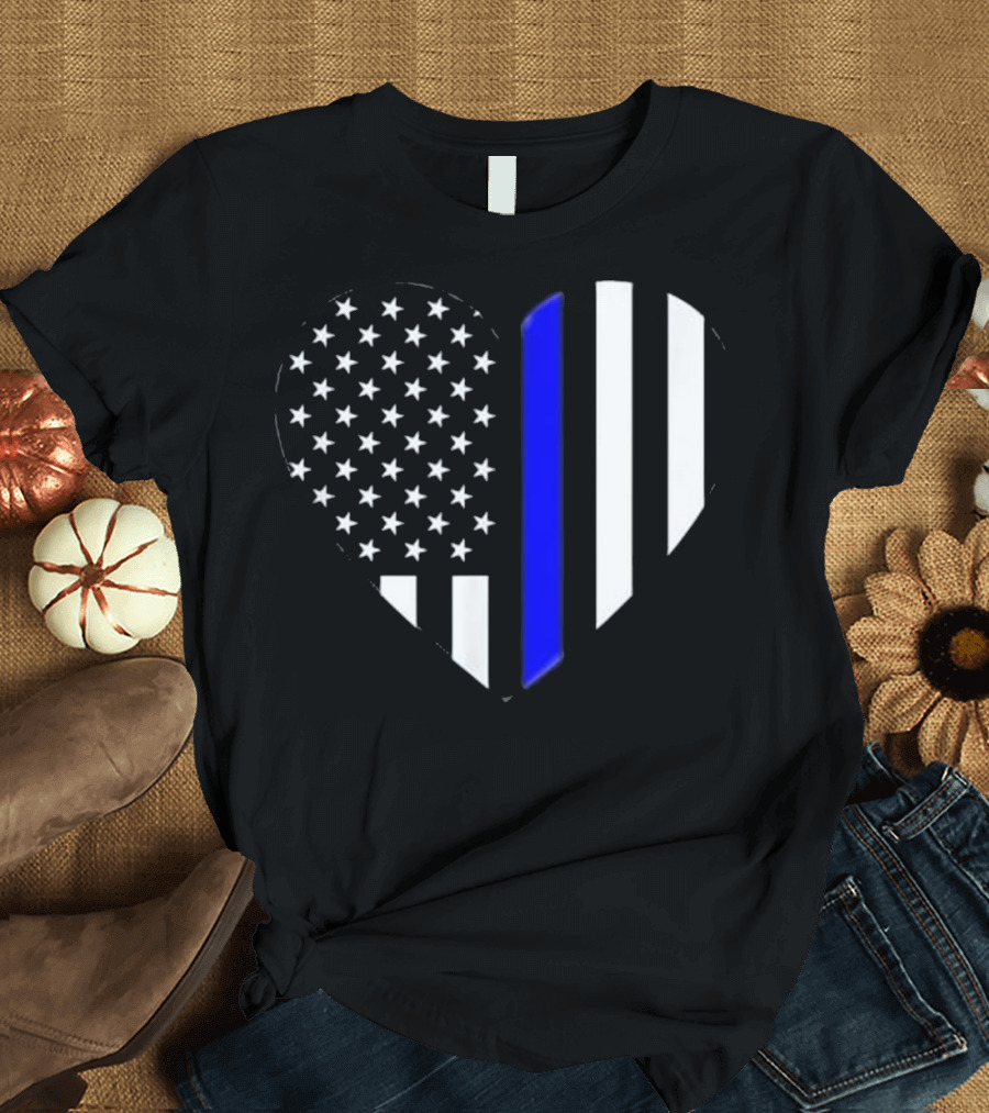 Thin Blue Line American Flag Heart Love Our Police Officer T-Shirt