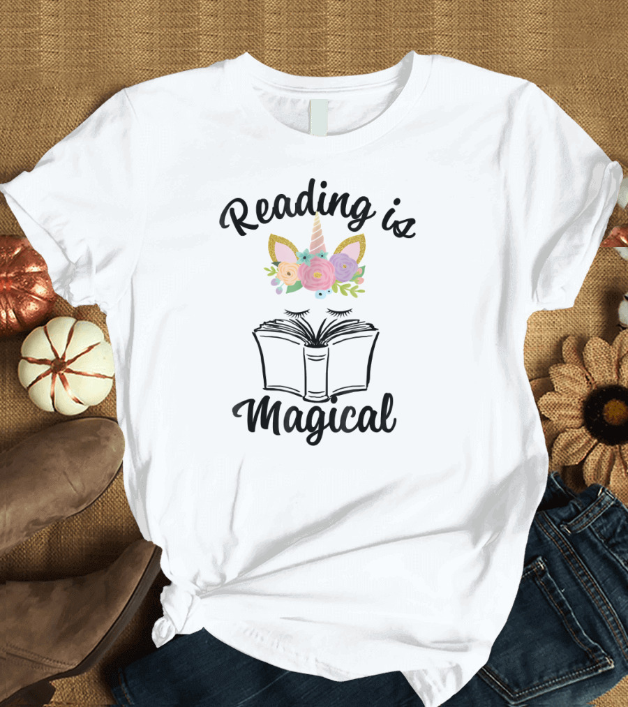 Reading is Magical Unicorn Face with Open Book and Flowers T-Shirt