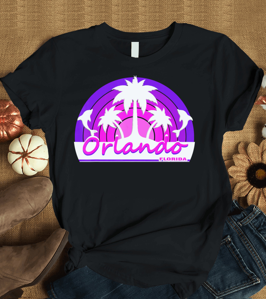 Orlando Florida Beach Palm Trees Dolphins Sunset T-Shirt