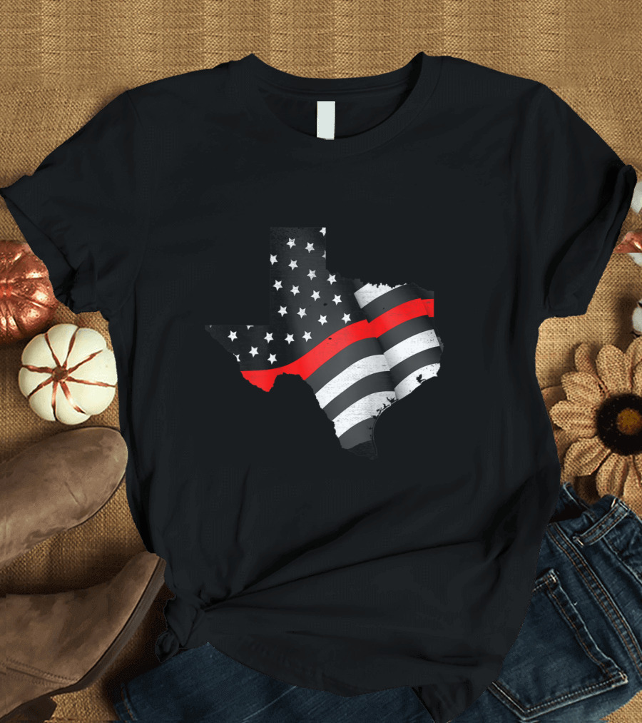 Texas Fire Rescue Department Firef Flag with Black and Red Stripes in State Outline T-Shirt