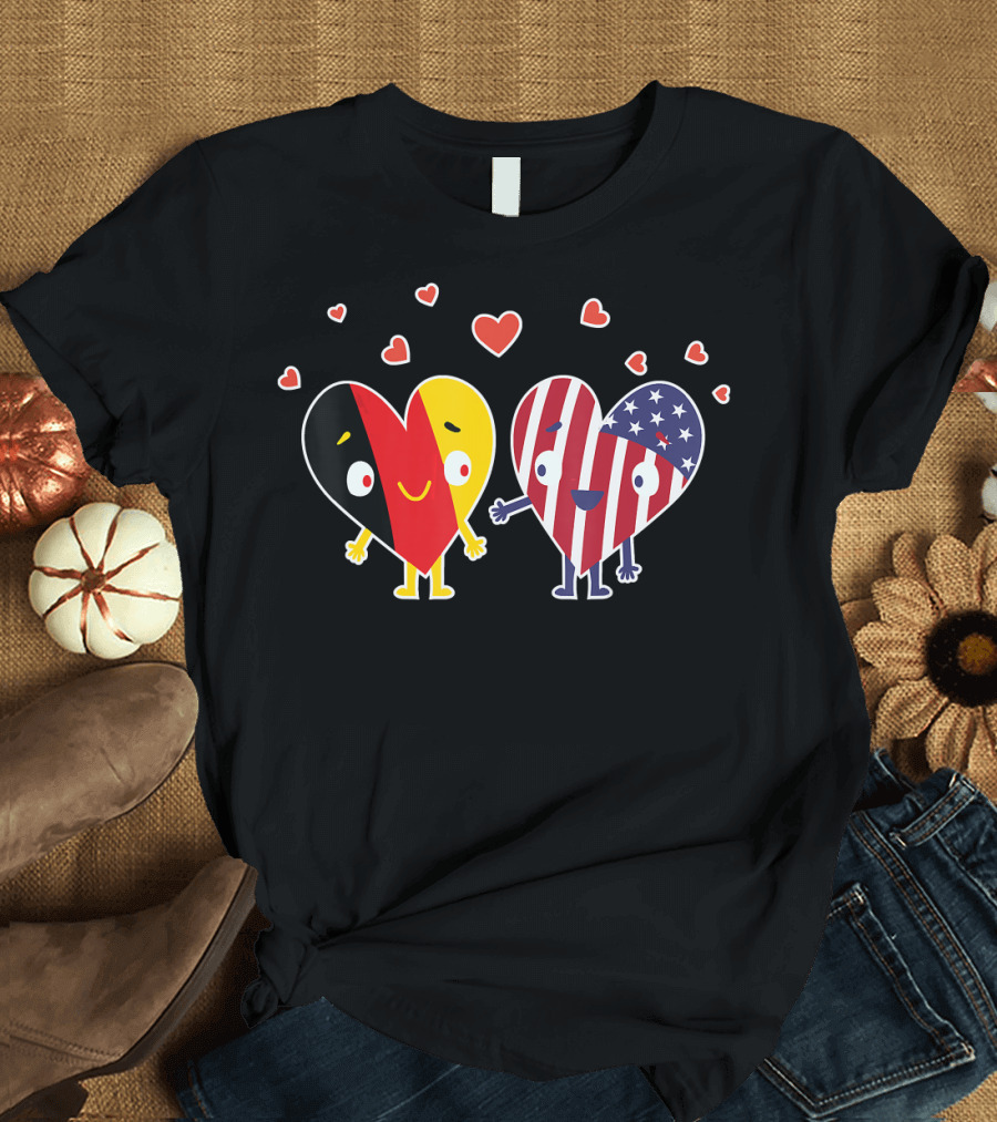 German and American Flag Hearts Holding Hands with Hearts Background T-Shirt