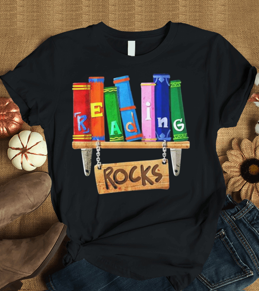 Colorful Bookshelf Typography Art with 'Reading Rocks' Message T-Shirt