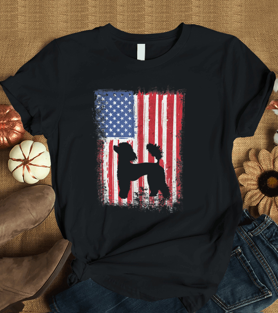USA Flag and Poodle Silhouette Patriotic Dog T-Shirt