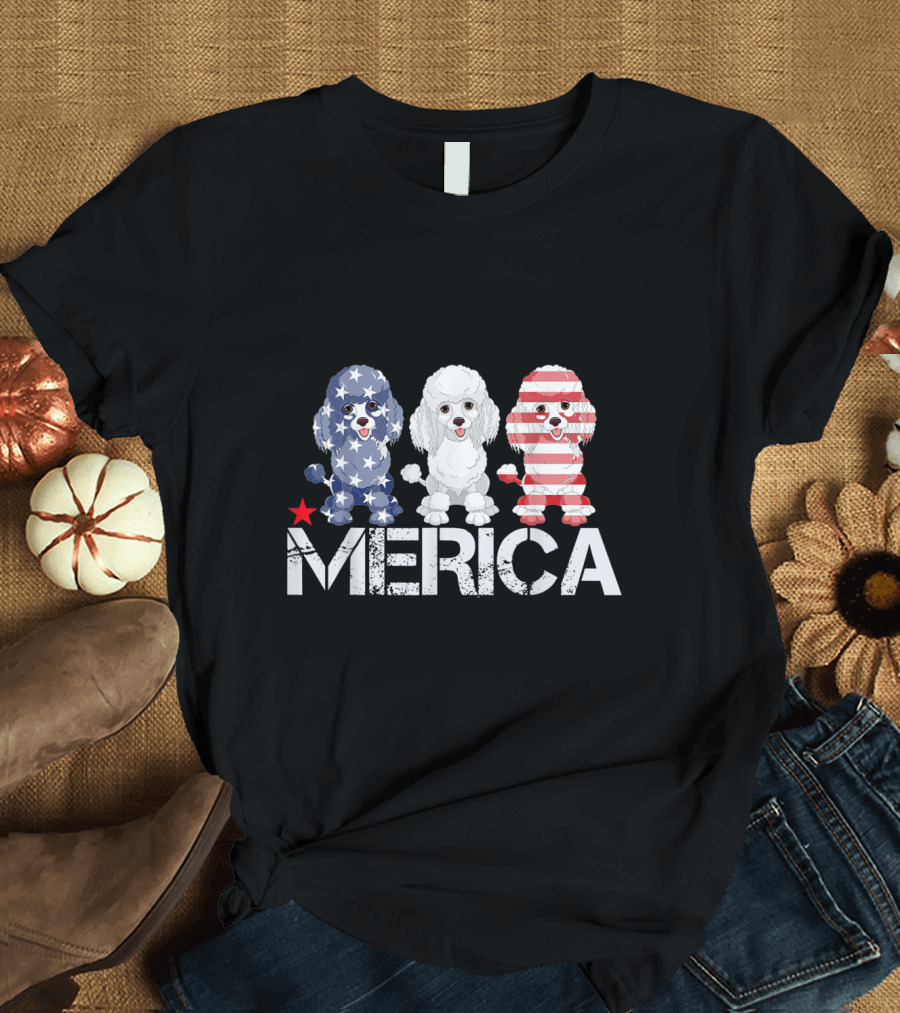 Merica Star-Spangled Poodle Trio USA Flag T-Shirt