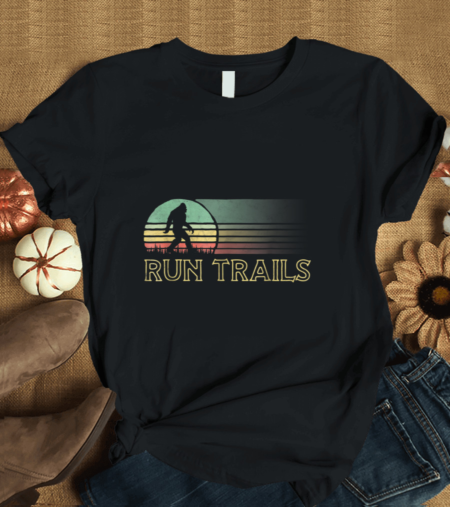Run Trails Bigfoot Silhouette with Retro Sunset Stripes T-Shirt