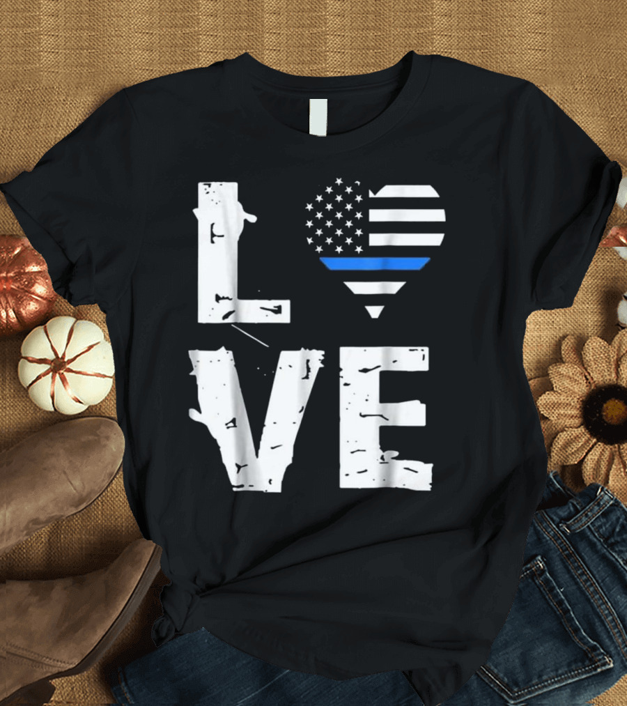 Love Thin Blue Line Support of Police American Flag Heart T-Shirt