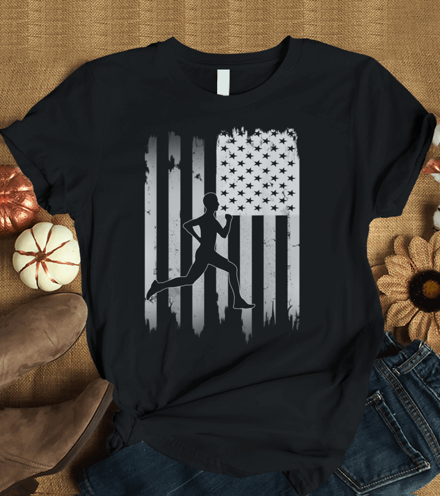 USA Flag Runner Silhouette Distressed Black T-Shirt