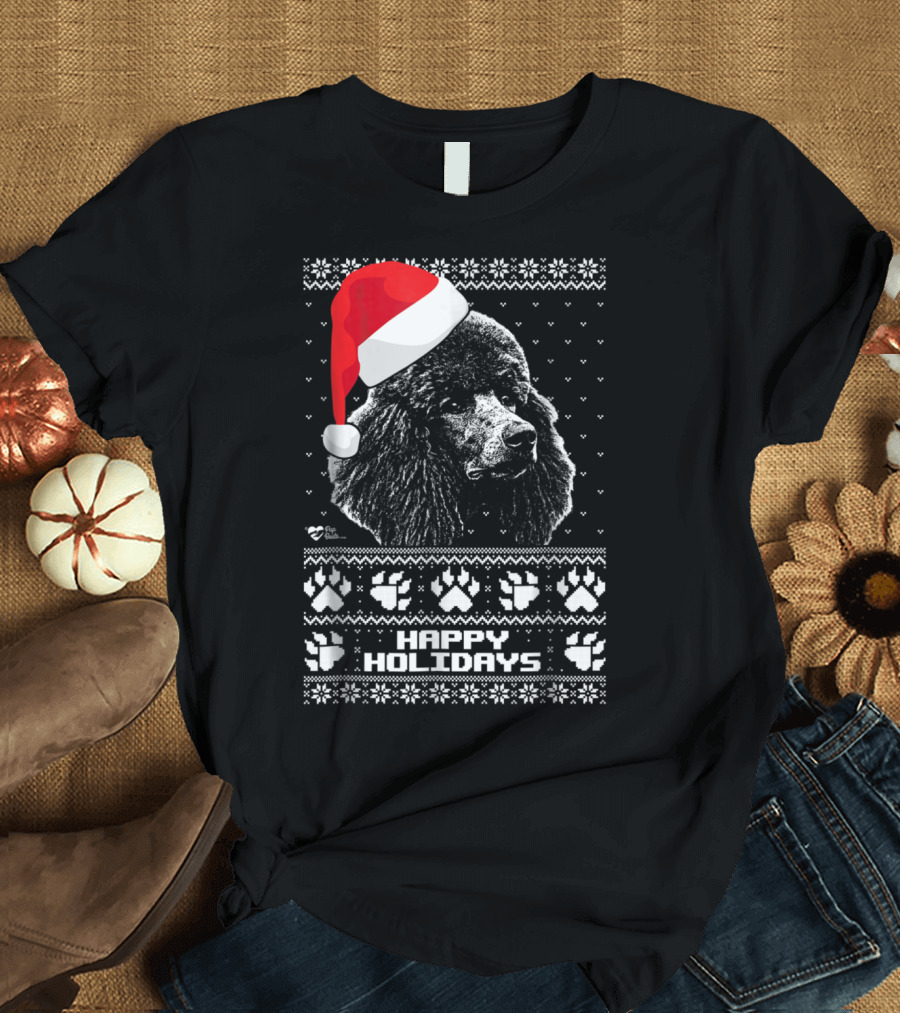 Santa Hat Poodle Happy Holidays Christmas Sweater Paw Prints T-Shirt